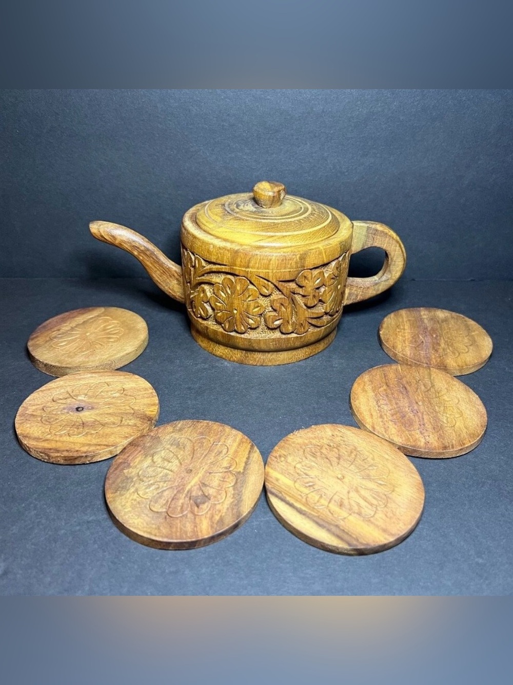 Vintage Unique Hand Carved Wooden Teapot & 6pc Floral Pattern Coaster Set